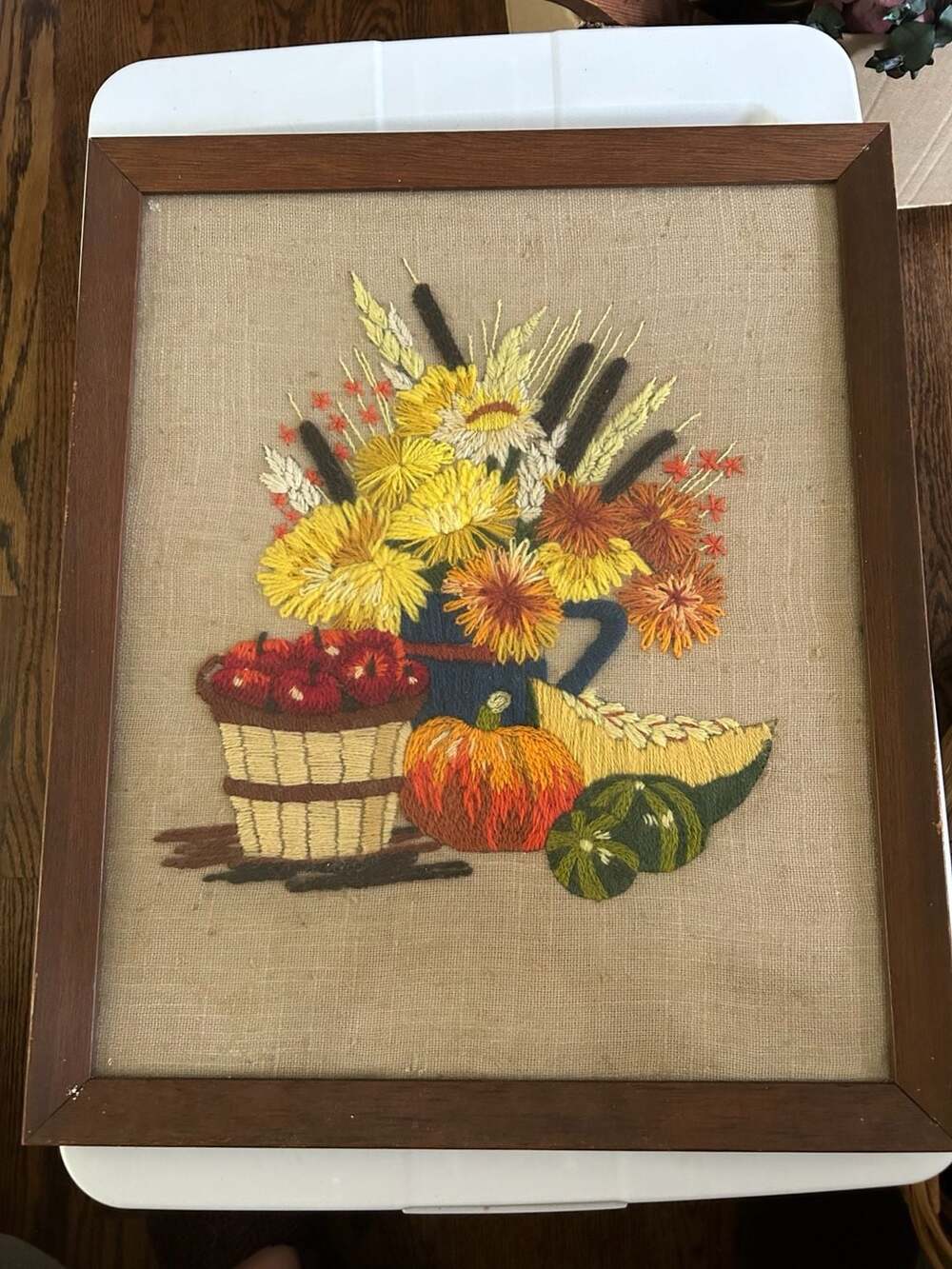 Vintage 1974 Erica Wilson Crewel Embroidery Art Autumn Flower Bouquet Apples